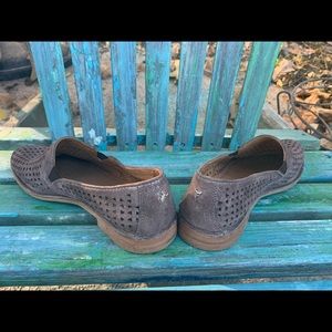 Trask Women’s Ali Perforated Metallic Grey Suede Loafers. Flat Shoes.